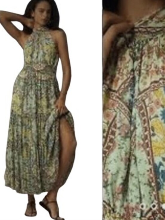 By Anthropologie Dresses & Skirts - Anthropologie The Somerset Maxi Dress Halter Edition Green Motif Size XL Lined